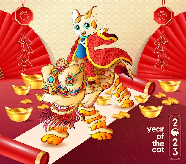 Happy new year 2023, Chinese new year, Year of the cat, Happy lunar new year 2023, Cat Illustration