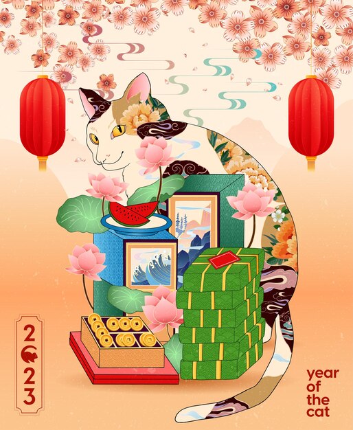 Vector happy new year 2023, chinese new year, year of the cat, happy lunar new year 2023, cat illustration