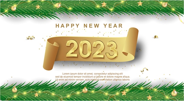Happy New Year 2023 on confetti background.
