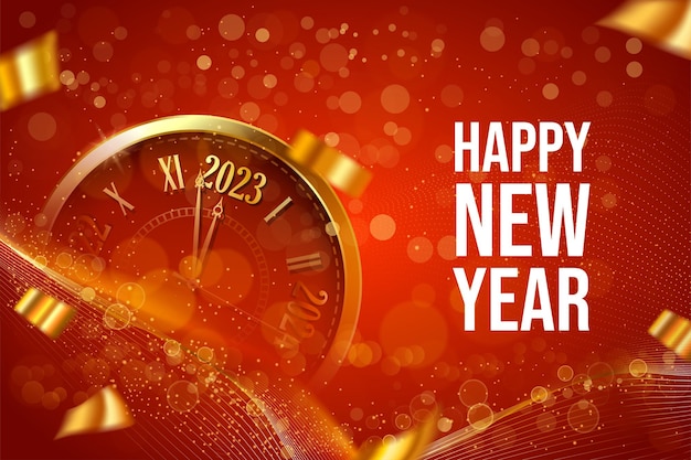 Happy new year 2023 creative abstract bokeh background with golden clock