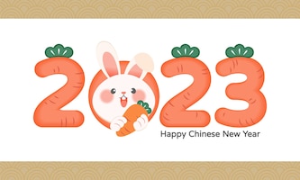 Happy new year 2023. cute rabbit and the numbers 2023 are in form of carrots and symbol.