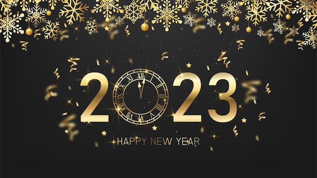 Happy new year 2023 on dark background golden. snowflake decoration balls and confetti.