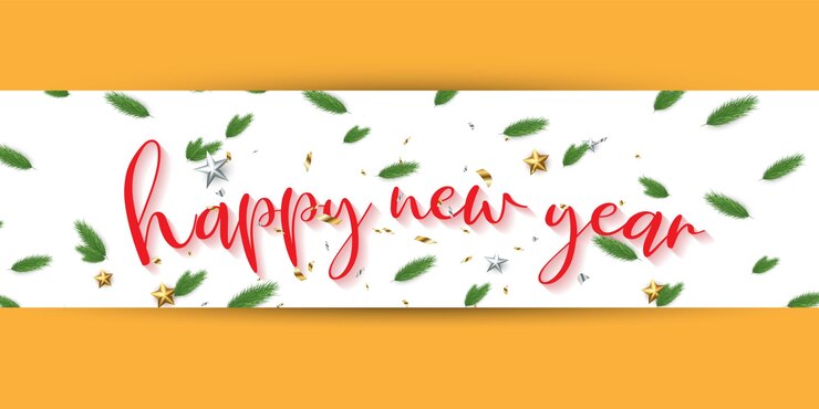 Vector happy new year 2023 design banner red text and green leaf pattern star metal on white background