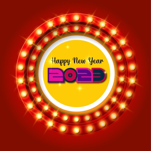 Happy new year 2023 design with glowing light bulb