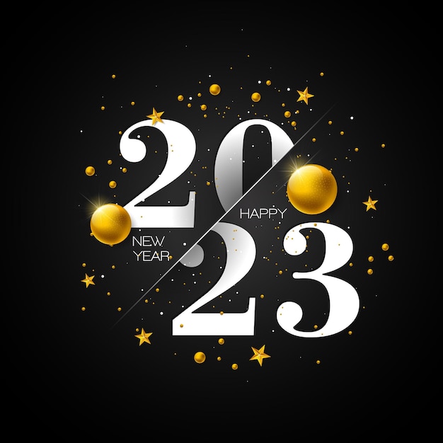 Happy new year 2023 design con sfera ornamentale dorata e scritte tipografiche su sfondo nero