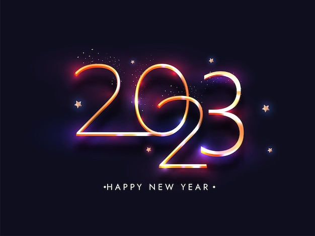 Happy new year 2023 design with golden typography and bokeh light effect and golden stars