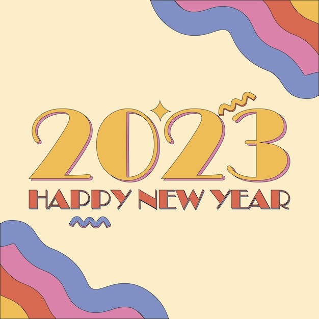 Felice anno nuovo 2023 design con design a colori groovy vintage anni '90, social media post 2023 groovy