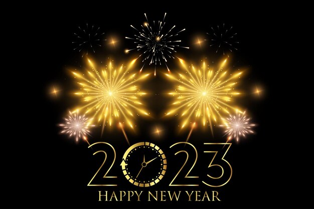 Happy new year 2023 eve celebration card with clock.