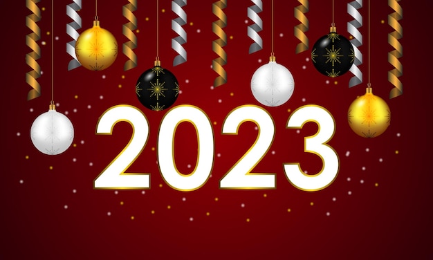 Felice anno nuovo 2023 design festivo con palline di decorazioni natalizie e streamer