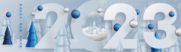 明けましておめでとうございます2023年のクリスマスボールと色の背景に雪片のコンセプトのお祝いパターン