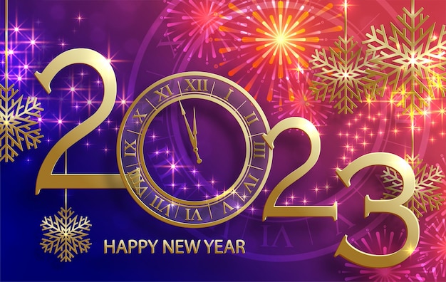 Felice anno nuovo 2023, motivo festivo con palline di natale e fiocchi di neve concetto su sfondo colorato per biglietto d'invito, buon natale, felice anno nuovo, biglietti di auguri, poster o banner web