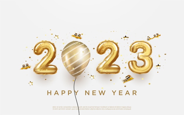 Happy New Year 2023. festive realistic gold balloon. on white background