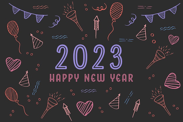 Happy new year 2023 flat design with balloon trumpet love and fireworks hand drawn