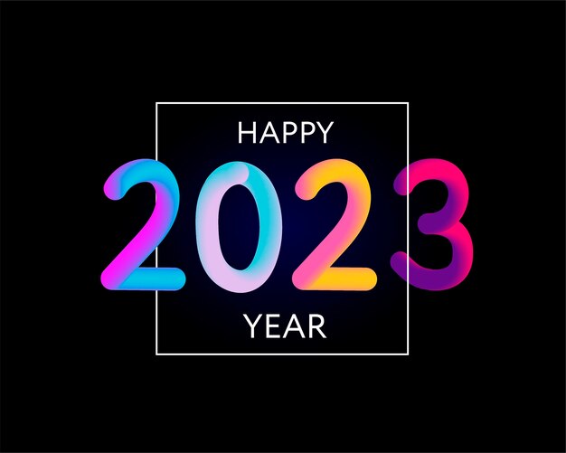 Felice anno nuovo 2023 futuro metaverse neon testo neon con numeri effetto metallo e linee futuriste biglietto di auguri vettoriale banner poster di congratulazioni illustrazione 3d moderna luce elettronica alla moda