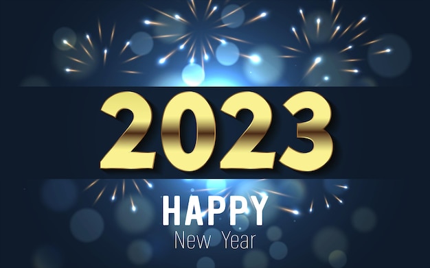 Happy New Year 2023 gold metal number and text whit bokeh bubber and fireworks on blue background