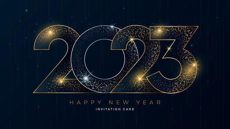 Vector happy new year 2023 gold numbers typography greeting card design on dark background.