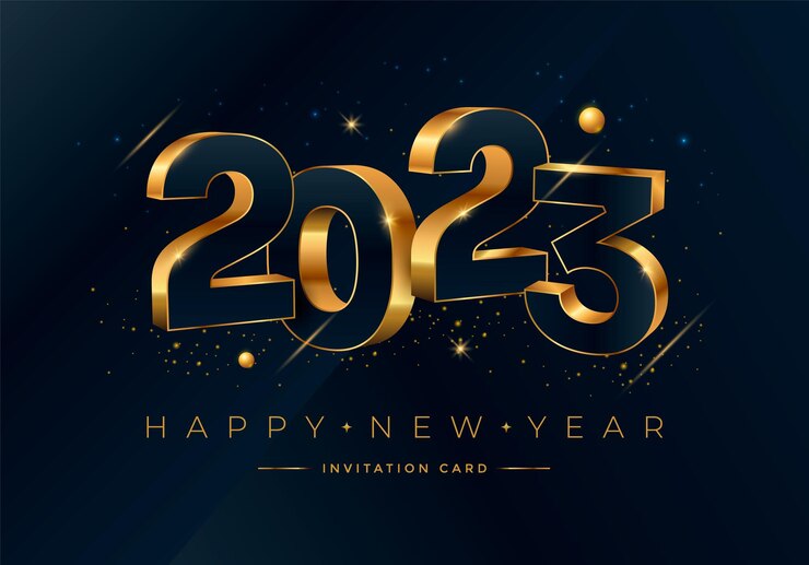 Vector happy new year 2023. gold numbers typography greeting card design on dark background.