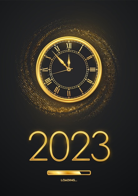 新年あけましておめでとうございます 2023 ゴールデン メタリック数字 2023 ゴールド ウォッチ ローマ数字とカウントダウン真夜中、きらめく背景にローディング バー付き