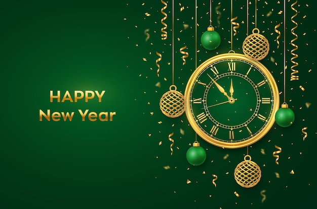 Happy new year 2023 golden shiny watch with roman numeral and countdown midnight eve for new year background with shining gold and green balls merry christmas xmas holiday vector illustration