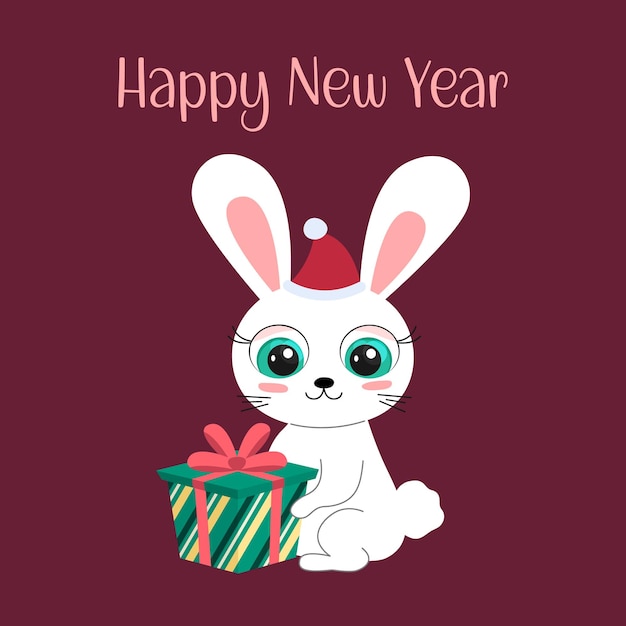 Premium Vector  Happy new year 2023 greeting card cute cartoon rabbit with  colorful christmas gift box funny bunny character sits and smiles 2023 year  of rabbit vector flat illustration