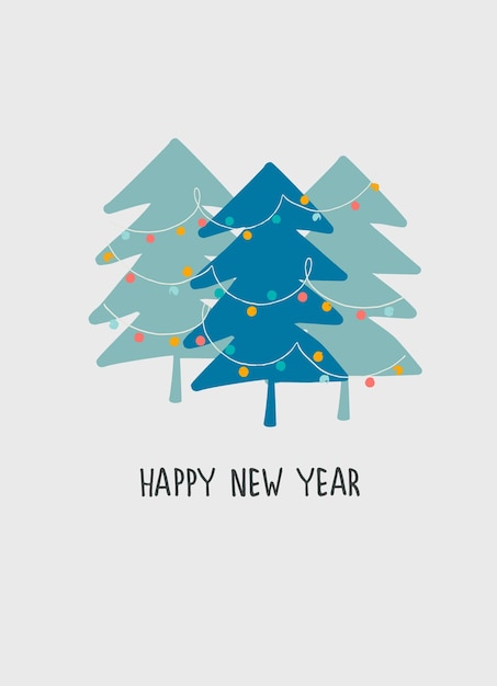 Happy New Year 2023 greeting card template Stylish Scandinavian design with hand drawn fir trees and hand lettering on turquoise background