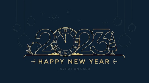 暗い背景に定型化された時計と装飾が施された、新年2023年のグリーティングカード。