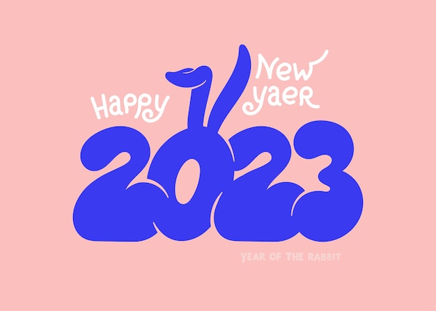 새해 복 많이 받으세요 2023 귀여운 파란색 재미있는 숫자 2023 레터링 토끼 귀가 있는 숫자 0 귀여운 야생 동물 만화 그리기 핑크 배경에 고립 된 아이 벡터 일러스트 레이 션
