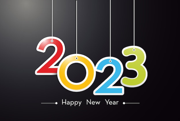 Happy New Year 2023 Hanging colorful 3D numbers with black background