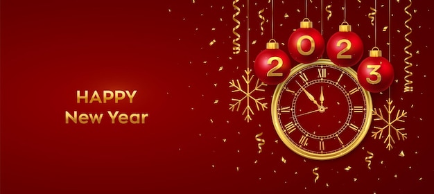 Happy New Year 2023 Hanging red Christmas bauble balls with realistic gold 3d numbers 2023 and snowflakes Watch with Roman numeral and countdown midnight eve for New Year Merry Christmas Vector