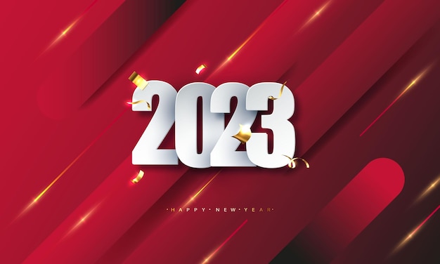 Vector happy new year 2023. hanging white paper number with confetti on a colorful background.