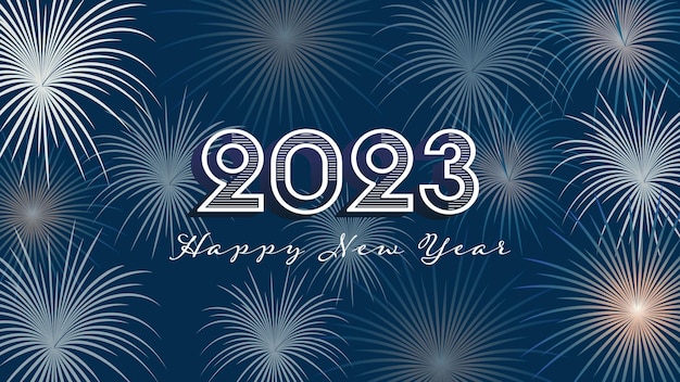 Happy New Year 2023 Holiday background with festive fireworks at midnight