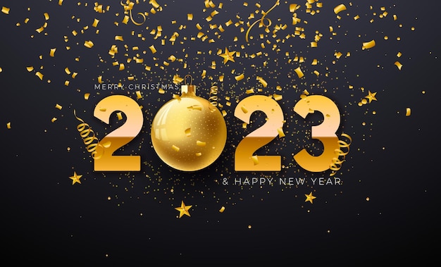 新年あけましておめでとうございます 2023年イラスト ゴールドの観賞用ボールと黒の背景に落ちる紙吹雪