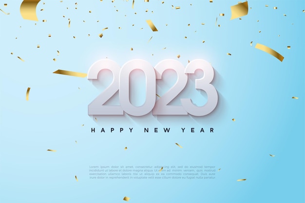 Happy new year 2023 logo on bright blue background.