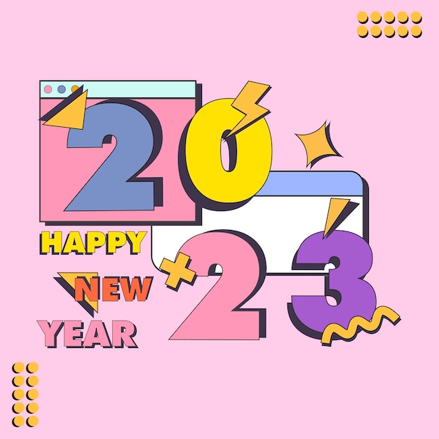 Vettore felice anno nuovo 2023 logo retro style design groovy