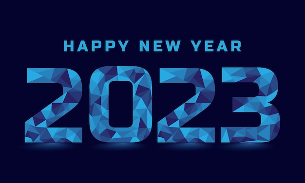 Happy new year 2023 low polygon blue gradient text. Happy new year 2023 social media banner header