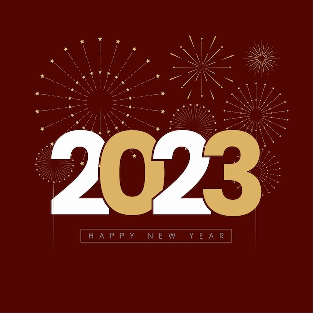 Felice anno nuovo 2023 design moderno e minimale. fuochi d'artificio moderni intorno all'illustrazione di vettore.