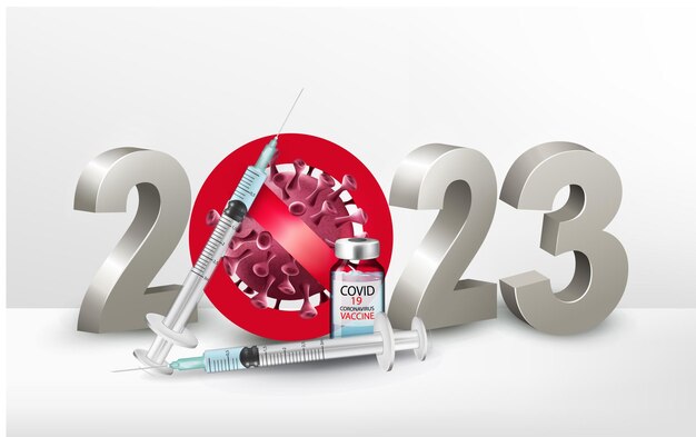 Felice anno nuovo 2023 numero con stop covid19 simbolo con siringa e flacone con vaccino vector