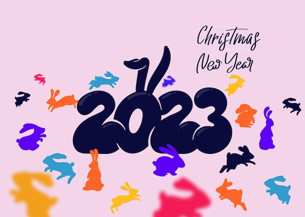 Happy New Year 2023 Number zero with bunny ears Cute wildlife animal cartoon drawing