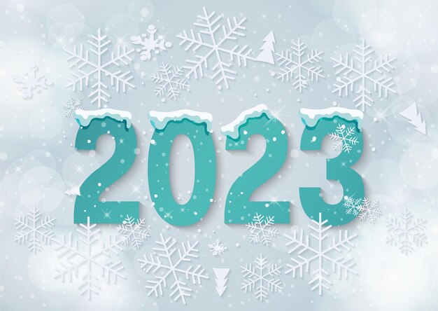 Happy New Year 2023 Paper type on winter background with snow and snowflakes Greeting card template