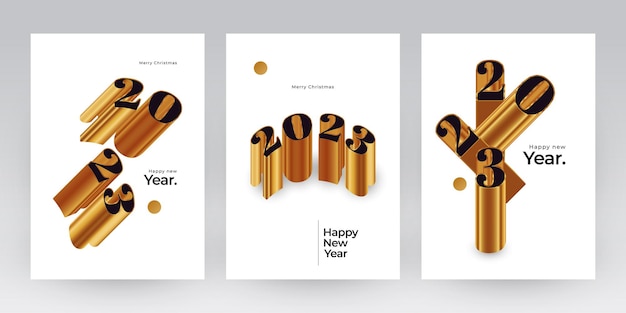 Happy New Year 2023 Poster Set with Black and Gold 3D Numbers New Year Design Template for Decoration Branding Banner Poster Cover and Card