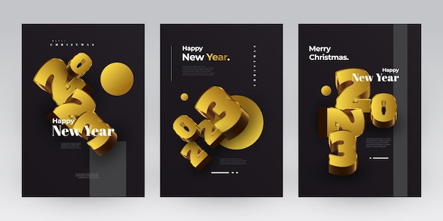 新年あけましておめでとうございます 2023 ポスター セット黒と金の 3 D 数字新年装飾ブランディング バナー ポスター カバーとカードのデザイン テンプレート