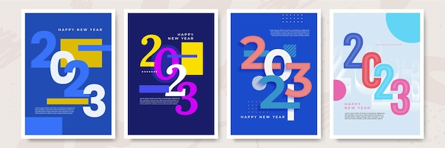 Vector happy new year 2023 posters collection in flat style greeting card template with colourful graphics and typography creative concept for banner flyer cover social media vector illustration