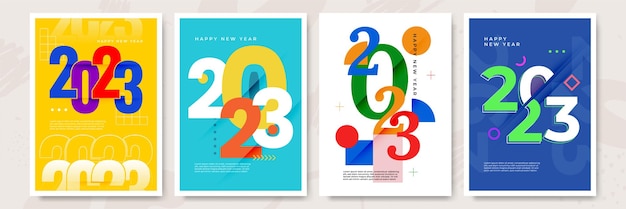 Happy new year 2023 posters collection in flat style greeting card template with colourful graphics and typography creative concept for banner flyer cover social media vector illustration