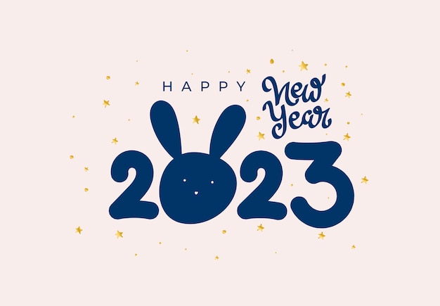 Happy New Year 2023 Rabbit head silhouette with ears Cute funny rabbit head bunny character cute wildlife animal cartoon drawing Template vector illustration isolated on white background