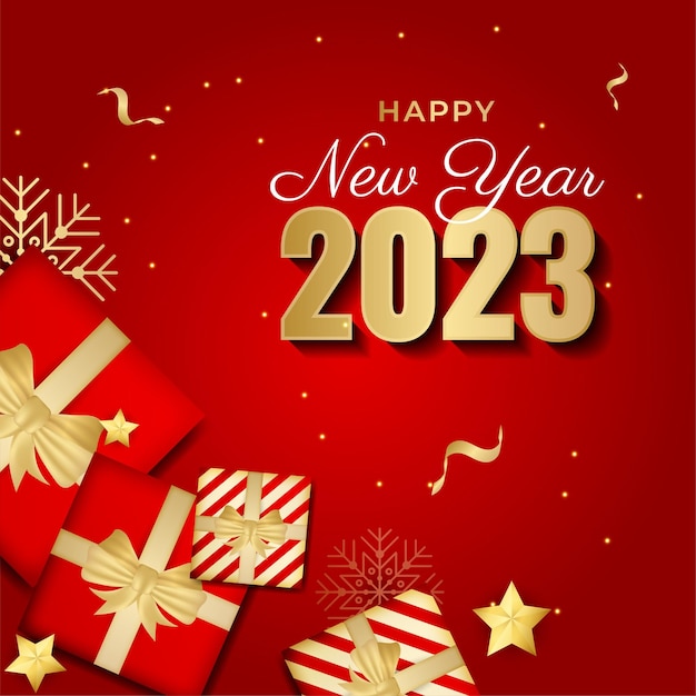 Happy new year 2023 square post card background for social media template red and gold 2023 new year winter holiday greeting card template minimalistic trendy banner for branding cover card