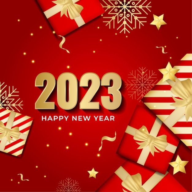 Happy new year 2023 square post card background for social media template Red and gold 2023 new year winter holiday greeting card template Minimalistic trendy banner for branding cover card