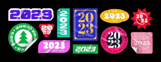 新年あけましておめでとうございます 2023年ステッカー ステッカー パック紙ステッカー ベクトル黒の背景に分離