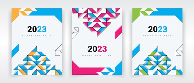 Happy new year 2023 technological poster with colorful background of geometric shapes and lines