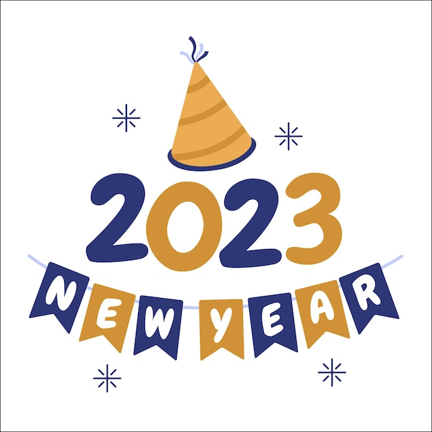 벡터 파티 모자와 장식 리본 벽 벡터 일러스트와 함께 새해 복 많이 받으세요 2023 텍스트