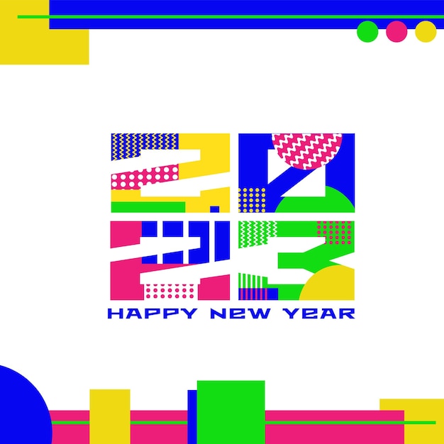 Happy new year 2023 typography design with colorful shapes